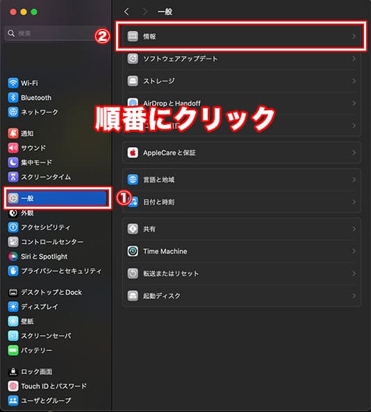 Macで表示されたタブ内の「一般」から「情報」をクリックする画像
